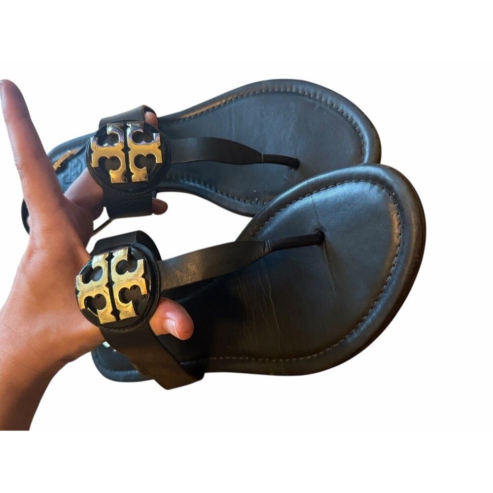 Tory Burch Bryce Logo Black Leather Sandals Flat Thong Flip Flop 9 Womens Summer - Picture 10 of 10